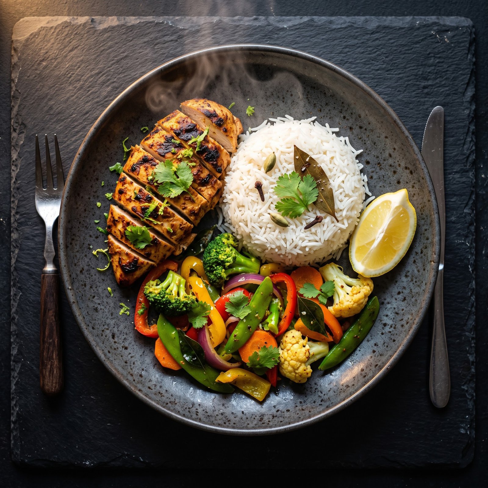 Grilled chicken, rice and vegetables on a dark plate