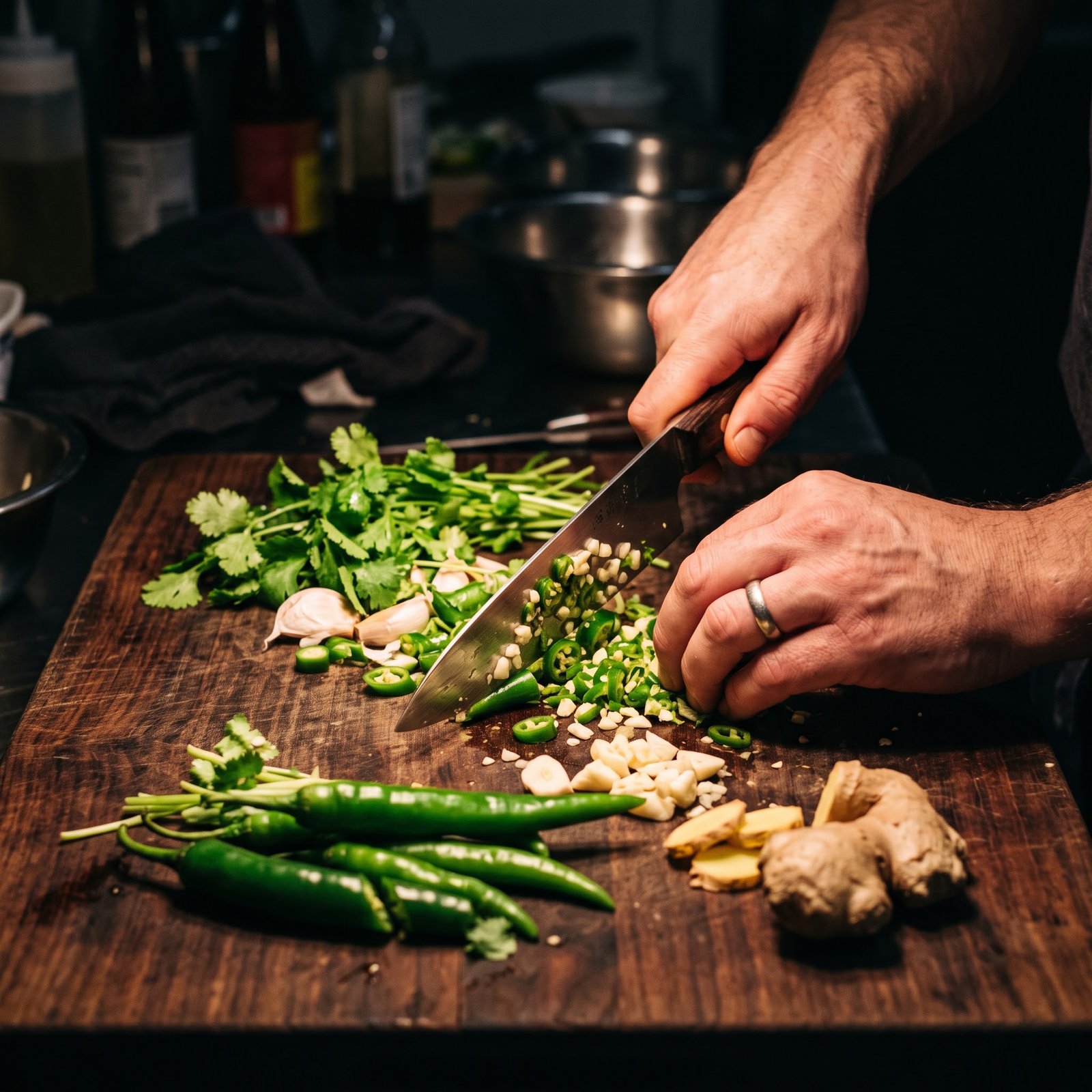 Fresh whole ingredients being prepped on a board